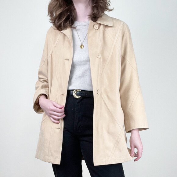Vintage 90s Y2K Long Faux Suede Leather Peacoat Trench Jacket Quiet Luxury Coat - Picture 9 of 9